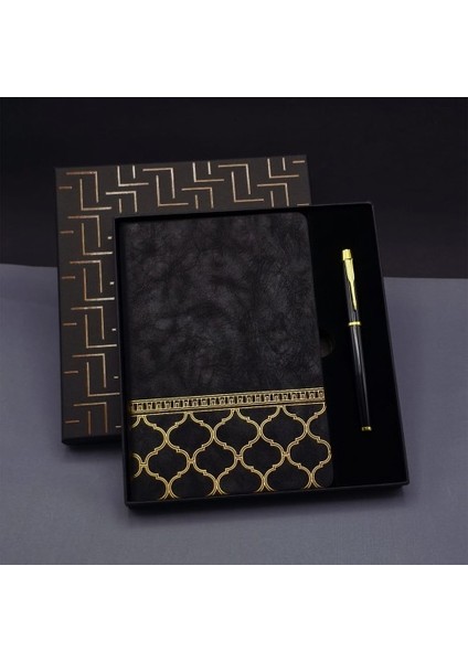 Gold Desen Siyah Deri Defter Kalem Set