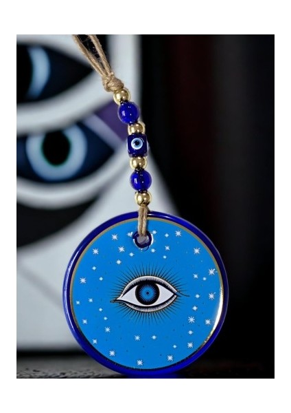 Açık Mavi Yıldız Işlemeli Göz Model Duvar Süsü Nazar Boncuklu Duvar Dekoru