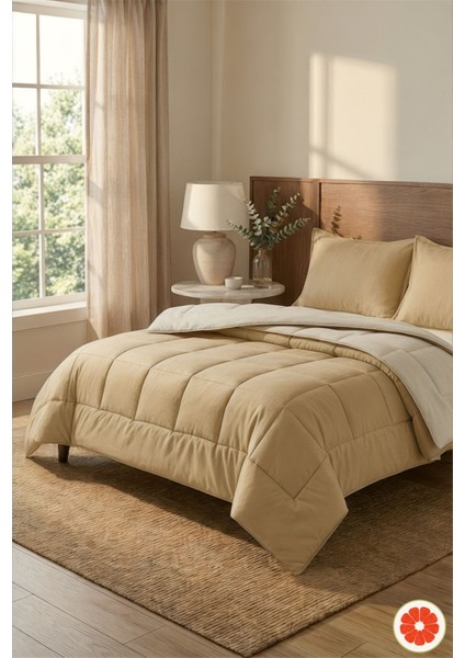 Çift Taraflı %100 Pamuk Yorgan Takımı Yastık Kılıflı | Bej-Ekru Çift Kişilik