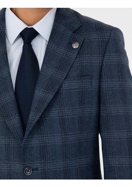 Erkek %100 Yün Ekose Lacivert Ekstra Slim Fit Takım Elbise 50273458-VR033