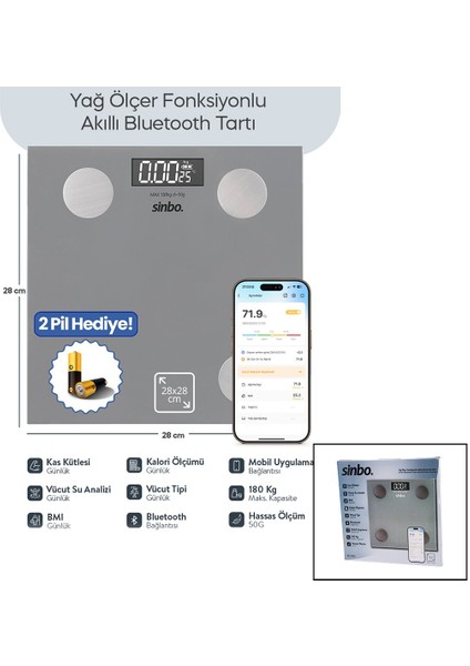 Gri Yağ Ölçer Akıllı Bluetooth Cam Baskül Pilli 180KG/50GR 28X28CM 8-Kişi Hafıza LCD Ekran