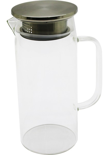 1.2lt - Yuvarlak Cam Sürahi - Süzgeçli Metal Kapak Borosilikat - Termisil Isıya Dayanaklı (