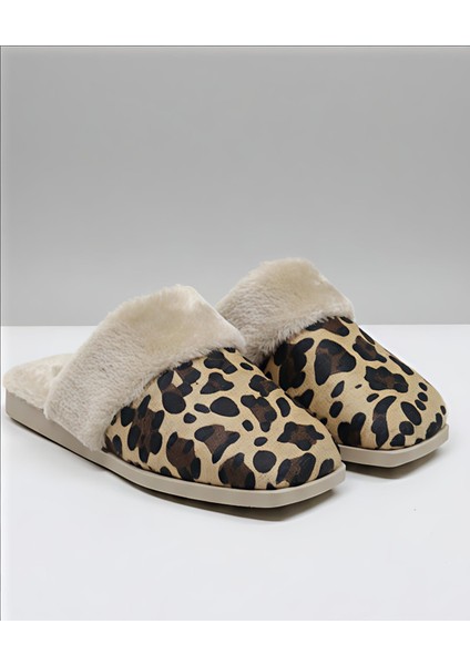 Leopar Desenli Içi Tüylü Sıcacık Pvc Taban Kadın Ev Terliği