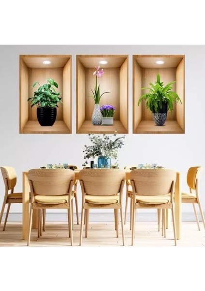 3D Çiçek Vazo Duvar Sticker 3 Lü Set Kahverengi Fon (4940) modelleri