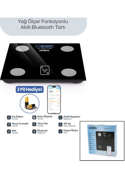 Siyah Yağ Ölçer Akıllı Bluetooth Cam Baskül Pilli 180KG/50GR 26X26CM 8-Kişi Hafıza LCD Ekr