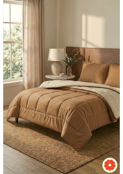 Çift Taraflı %100 Pamuk Yorgan Takımı Yastık Kılıflı | Kahve-Ekru Çift Kişilik