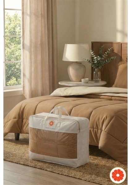 Çift Taraflı %100 Pamuk Yorgan Takımı Yastık Kılıflı | Kahve-Ekru Çift Kişilik modelleri