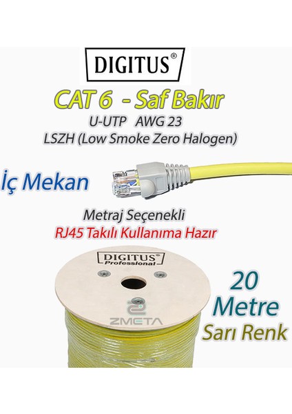 Cat6 Saf Bakır Data Kablosu U-Utp Lszh (Low Smoke Zero Halogen) Ağ İnternet Kablosu Sarı - Kullanıma Hazır