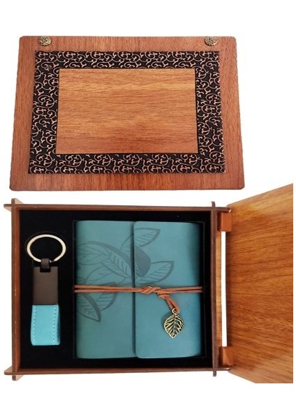Ahşap Kutulu Mavi Deri Defter ve Anahtarlık Set
