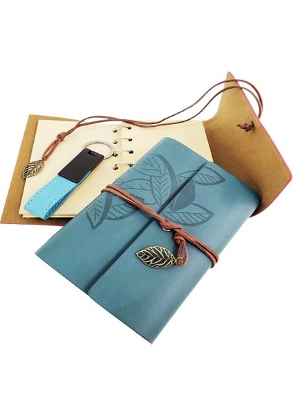 Ahşap Kutulu Mavi Deri Defter ve Anahtarlık Set fiyatları