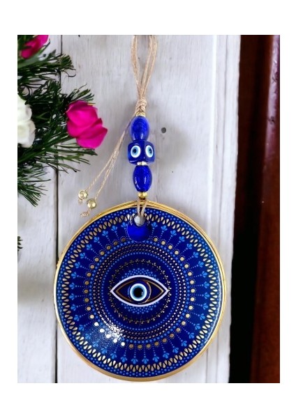 Mavi Camlı Nazar Boncuklu Göz Motifli Duvar Süsü Mavili Sarılı Duvar Dekoru fiyatları