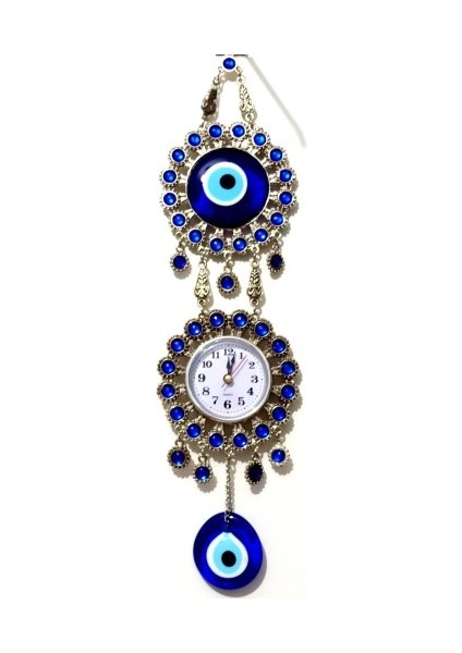 Nikel Zamak Kaplamalı Nazar Boncuklu Gümüş Rengi Mini Duvar Saati