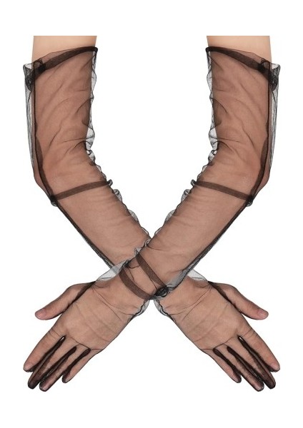 Uzun Boy Likralı Siyah Yetişkin Mega Tül Eldiven