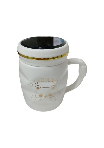 Ayna Kapaklı Panda Desenli Porselen Kupa Bardak Beyaz Kupa Bardak