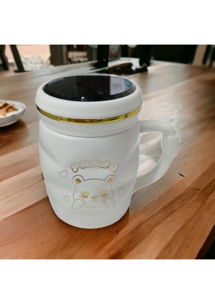 Ayna Kapaklı Panda Desenli Porselen Kupa Bardak Beyaz Kupa Bardak fırsatları