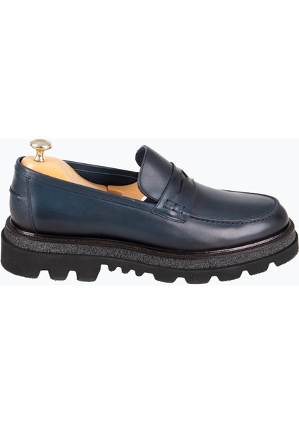 Erkek Loafer Ayakkabı Hakiki Deri Yüksek Eva Rahat Taban Lacivert