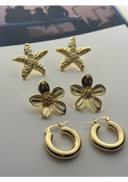 3'lü Küpe Seti Altın Kaplama Küpe Seti Deniz Yıldızı-Çiçek-Halka Küpe Seti