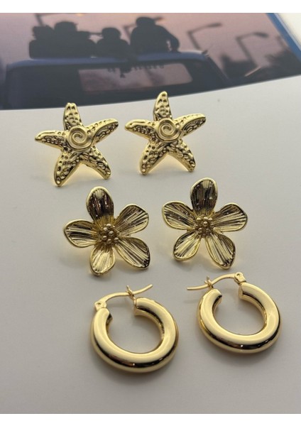3'lü Küpe Seti Altın Kaplama Küpe Seti Deniz Yıldızı-Çiçek-Halka Küpe Seti fiyatları