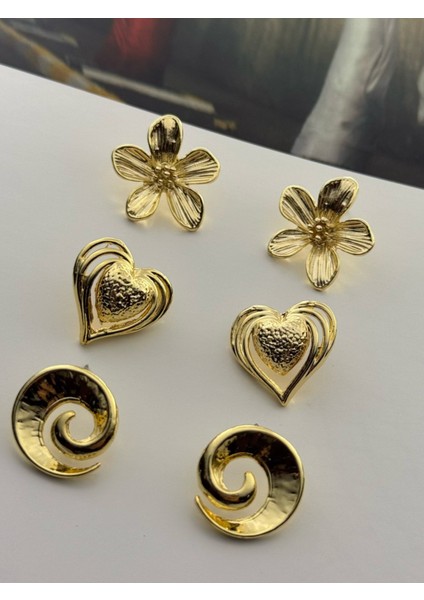 3'lü Küpe Seti Altın Kaplama Küpe Seti Çiçek-Kalp-Spiral Küpe Seti