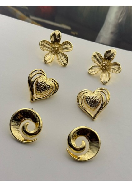 3'lü Küpe Seti Altın Kaplama Küpe Seti Çiçek-Kalp-Spiral Küpe Seti fiyatları