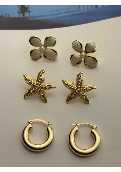 3'lü Küpe Seti Altın Kaplama Küpe Seti Deniz Yıldızı-Çiçek-Halka Küpe Seti