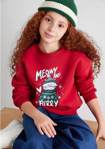 Yılbaşı Temalı Kırmızı Sweatshirt 7S10180-70390