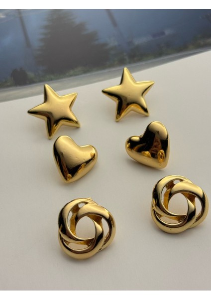 3'lü Küpe Seti Altın Kaplama Küpe Seti 3'lü Yıldız-Kalp-Sarmal Küpe Seti