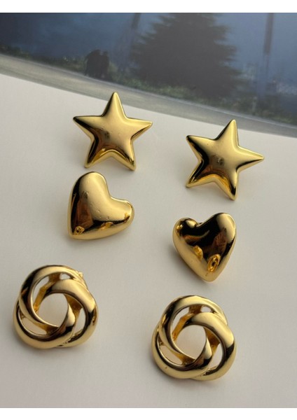 3'lü Küpe Seti Altın Kaplama Küpe Seti 3'lü Yıldız-Kalp-Sarmal Küpe Seti fiyatları