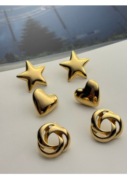 3'lü Küpe Seti Altın Kaplama Küpe Seti 3'lü Yıldız-Kalp-Sarmal Küpe Seti modelleri