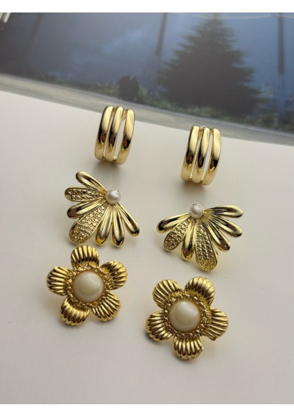 3'lü Küpe Seti Altın Kaplama Küpe Seti Fiyonk-Çiçek-Halka Küpe Seti