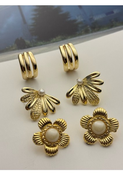 3'lü Küpe Seti Altın Kaplama Küpe Seti Fiyonk-Çiçek-Halka Küpe Seti fiyatları