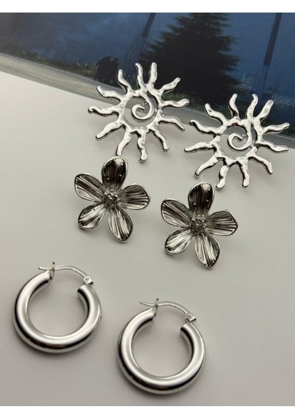 3'lü Küpe Seti Rodyum Kaplama Kararmaz Küpe Seti 3'lü Güneş-Çiçek-Halka Küpe Seti