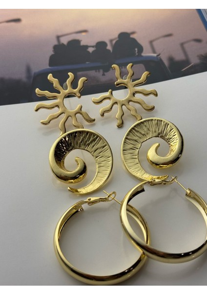 3'lü Küpe Seti Güneş-Spiral-Halka Küpe Seti Altın Kaplama