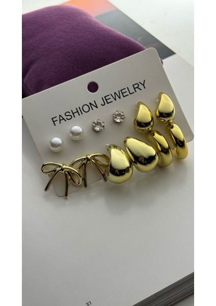 6'lı Altın Renk Küpe Seti Kararmaz