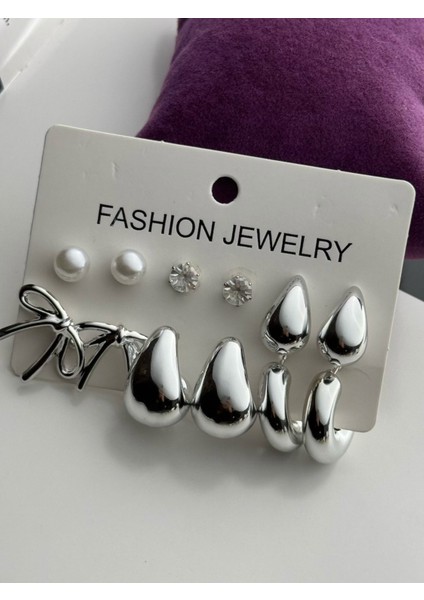 6'lı Gümüş Renk Küpe Seti Kararmaz