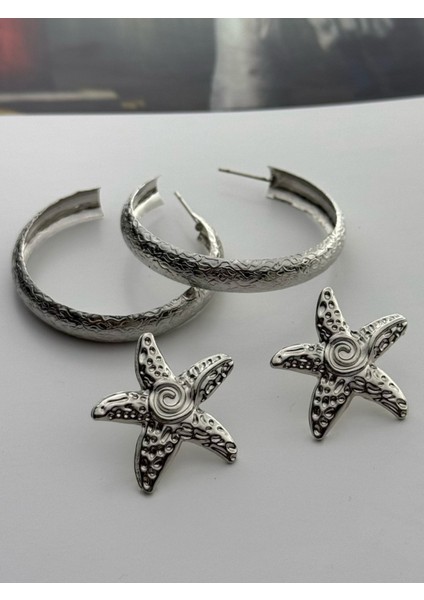 2'li Gümüş Renk Küpe Seti Spiral Deniz Yıldızı-Desenli Halka Küpe fiyatları