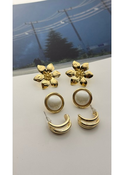 3'lü Küpe Seti Altın Kaplama Küpe Seti Çiçek-Inci-3'lü Görünüm Küpe Seti