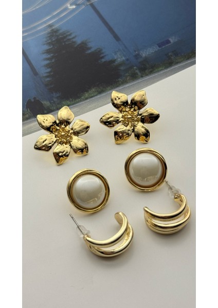 3'lü Küpe Seti Altın Kaplama Küpe Seti Çiçek-Inci-3'lü Görünüm Küpe Seti fiyatları