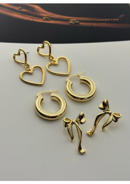 3'lü Küpe Seti Altın Kaplama Küpe Seti Sallantılı Kalp-Halka-Fiyonk Küpe Seti