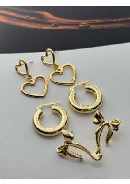 3'lü Küpe Seti Altın Kaplama Küpe Seti Sallantılı Kalp-Halka-Fiyonk Küpe Seti fiyatları