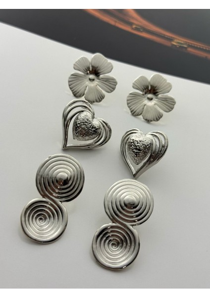 3'lü Gümüş Renk Küpe Seti Çiçek-Kalp-Spiral