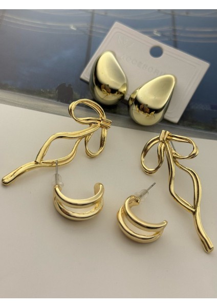 3'lü Küpe Seti Altın Kaplama Küpe Seti 3'lü Damla-Fiyonk-Sarmal Küpe Seti