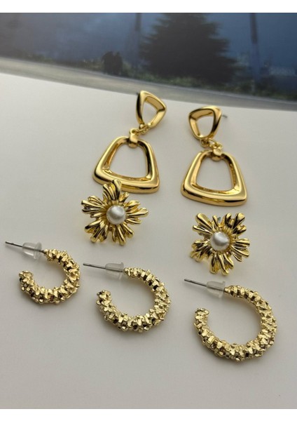 3'lü Küpe Seti Altın Kaplama Küpe Seti 3'lü Halka-Incili Çiçek-Sallantılı Küpe Seti