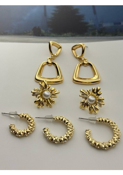 3'lü Küpe Seti Altın Kaplama Küpe Seti 3'lü Halka-Incili Çiçek-Sallantılı Küpe Seti fiyatları