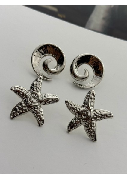 2'li Gümüş Renk Küpe Seti Spiral- Deniz Yıldızı Küpe
