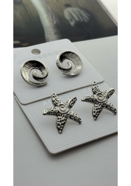 2'li Gümüş Renk Küpe Seti Spiral- Deniz Yıldızı Küpe fiyatları