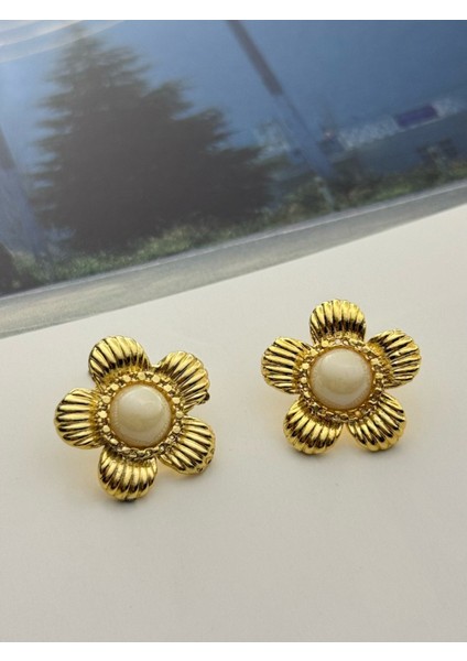 Mineli Çiçek Küpe Sedefli Altın Kaplama Küpe Kararmaz Kutulu