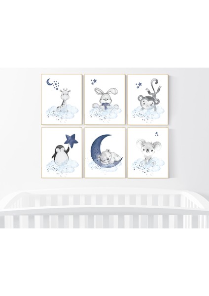 Lacivert Hayvan Desenli Kreş Baskıları: 6'lı Set, Erkek Çocuk Duvar Sanatı