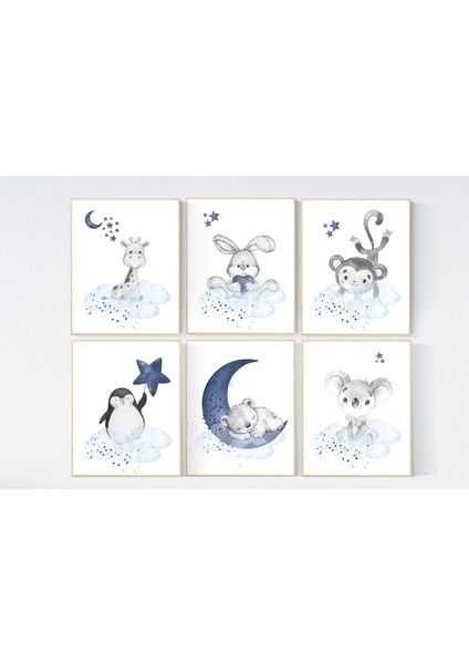 Lacivert Hayvan Desenli Kreş Baskıları: 6'lı Set, Erkek Çocuk Duvar Sanatı fiyatları