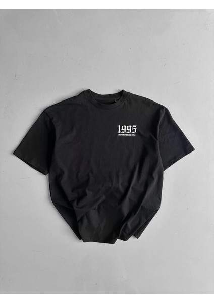 Baskılı Oversize Bisiklet Yaka T-Shirt - Siyah